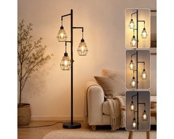 Rosnek Industriële Vloerlamp 3-Lichts - Zwarte Staande Lamp met 3 Metalen Kappen - Traploos Dimbaar - Inclusief 3 E27 LED Lampen - Vintage Leeslamp voor Woonkamer