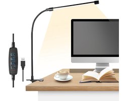 Rosnek LED Bureaulamp/Leeslamp met Klem - USB, 3 Lichtkleuren, 10 Hellingen, 360° Hals voor Thuiswerkplek en Studentenkamer - Zwart