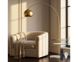 Rosnek Luxe Booglamp - Woonkamer Staande Lamp - Dimbare LED Vloerlamp - Afstandsbediening - Verstelbare Hoogte 150-175 cm - 360° Draaibare Lampenkap - Marmeren Voet - Leeslamp voor Slaapkamer en Kantoor - Goud