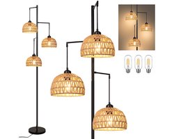 Rosnek - Moderne Boho Vloerlamp van Rotan - Staande Lamp met kap - Dimbaar 3-Lichts Landelijk Design Vloerlamp (183cm) - Industriële Boomvormige Lamp voor Woonkamer & Slaapkamer
