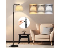 Rosnek Moderne LED Vloerlamp 173cm met Linnen Kap - 3 Lichtkleuren via Draaiknop - Inclusief 12W LED Lamp - 180° Draaibare Hoofd - Staande Lamp voor Woonkamer, Slaapkamer, Kantoor