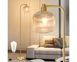 Rosnek Moderne Staande Lamp – Kaki Geribbelde Glazen Kap - 170 cm Hoge Vloerlamp met Voetschakelaar & Incl - Gratis LED - Stijlvol Design voor Woonkamer, Slaapkamer of Kantoor