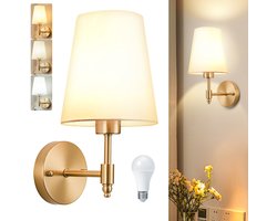 Rosnek Moderne Wandlamp voor binnen Goud - 3 Lichtkleuren Muurlamp met Witte Stoffen Lampenkap - E27-fitting - Hotel Chique Bedlampje - voor Slaapkamer - Badkamer - Woonkamer