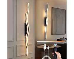 Rosnek Oplaadbare Draadloze Wandlampen met Golflinie (Batterij-aangedreven) - Continu Kleurinstelbaar 3000K-6000K met Afstandsbediening & Dimbaar Wandlamp Binnen, Slaapkamer, Studiekamer, Gang (1 stuk,Zwart)