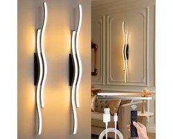 Rosnek Oplaadbare Draadloze Wandlampen met Golflinie (Batterij-aangedreven) - Continu Kleurinstelbaar 3000K-6000K met Afstandsbediening & Dimbaar Wandlamp Binnen, Slaapkamer, Studiekamer, Gang (2 stuks,Zwart)
