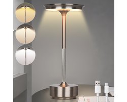 Rosnek Oplaadbare Tafellamp Zilver - RVS Look - Dimbaar & Draadloos - LED - 3 Kleuren - Spatwaterdicht - Aluminium Behuizing - Tijdloos Design