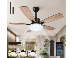Rosnek Plafondventilator met Lamp Ø132 cm - Moderne Crystal Ceiling Fan - Dimbare LED Verlichting - Remote & App Control - Reversible Blades - Stille DC-Motor - 6 Snelheden - Zwart/Walnoot