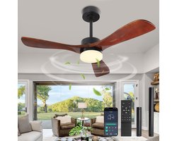 Rosnek Plafondventilator met Lamp - Ventilator Plafond met Massief Houten Bladen - LED Plafondlamp Dimbaar - Afstandsbediening & App - 6 Snelheden - Stille DC Motor - Ø132cm