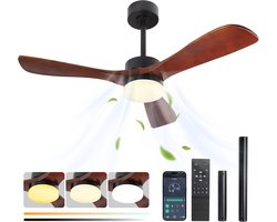 Rosnek Plafondventilator met Verlichting - Ø 132cm - Massief Houten Bladen - Stille DC Motor - App & Afstandsbediening - Dimbare LED - Zomer en Winterstand - Slaapkamer/Woonkamer