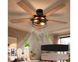 Rosnek Plafondventilator met Verlichting Ø112cm - Smart Lamp met Afstandsbediening - Plafonniere Keuken Lamp met 6 Ventilatiesnelheden - Plafond Ventilator Lamp met Timer, Landelijke Stijl voor Slaapkamer, Woonkamer & Terras