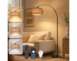 Rosnek Rotan Booglamp Zwart - Dimbare Vloerlamp met Afstandsbediening en App - Grote Staande Lamp voor Woonkamer over Bank - Slimme LED Sfeerlamp met lamp, E27-fitting