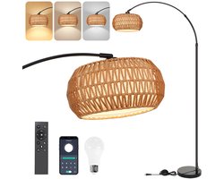 Rosnek Rotan Vloerlamp Zwart Booglamp - Dimbare LED Staande Lamp met Afstandsbediening & App - 3 Kleurtemperaturen, 360° Draaibaar voor Woonkamer, Slaapkamer, Kantoor