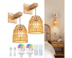 Rosnek Rotan Wandlamp Boho - Draadloos & Oplaadbaar - Handgemaakt Riet - Dimbaar met Afstandsbediening - Sfeervolle Wandverlichting Bruin (Stijlvol & Natuurlijk) - 2 Stuks