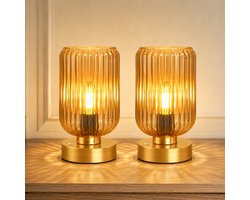Rosnek Set van 2 Draadloze Tafellamp Mid-Century - Touch Dimbaar - Oplaadbare Bedlamp met Amber Glas - Vintage Nachtlamp 7500mAh - Sfeerlamp - Slaapkamer Woonkamer