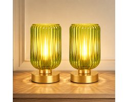 Rosnek Set van 2 Draadloze Tafellamp Mid-Century - Touch Dimbaar - Oplaadbare Bedlamp met Groen Glas - Vintage Nachtlamp 7500mAh - Sfeerlamp - Slaapkamer Woonkamer
