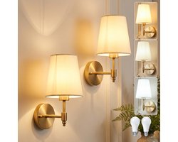 Rosnek Set van 2 Moderne Wandlampen voor binnen Goud - 3 Lichtkleuren Muurlamp met Witte Stoffen Lampenkap - E27-fitting - Hotel Chique Bedlampje voor Slaapkamer - Badkamer - Woonkamer