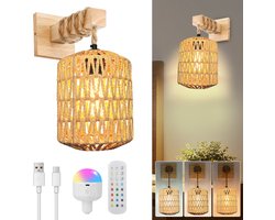Rosnek Set van 2 Oosterse Wandlamp Lantaarn Dimbaar - Rotan Look - Draadloos- Met Afstandsbediening & RGB Kleuren - Sfeerverlichting Bruin (Japandi Stijl)