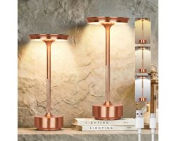 Rosnek Set van 2 - Oplaadbare Tafellampen Rosé Goud - Koper Look - Dimbaar - Draadloos - Waterdicht - Modern Woonaccessoire - Voor Binnen/Buiten