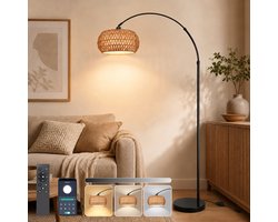 Rosnek Slimme Booglamp met Rotan Kap - Traploos Dimbare Arc Vloerlamp - E27-fitting - Zware Marmeren Voet - Bohemian & Industrieel - Bediening via App