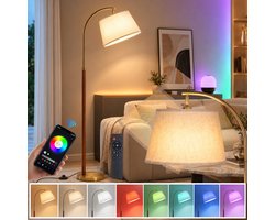Rosnek Slimme Houten Vloerlamp 170 cm Walnoot - Staande Lamp met App en Afstandsbediening - RGB Sfeerlamp en Leeslamp - Draaibare Booglamp voor Woonkamer, Slaapkamer en Kantoor - Mid-Century