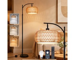 Rosnek Slimme Vloerlamp Rotan - Dimbare Leeslamp met Dubbele Kap - E27-fitting - Zwarte Metaal & Rieten Staande Lamp met App Bediening - Voor Slaapkamer & Kantoor