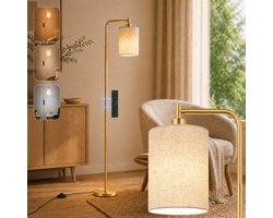 Rosnek Staande Lamp met Linnen Lampenkap - Dimbare LED Vloerlamp - met Afstandsbediening - Timer - Voetschakelaar - Slimme E27 Leeslamp voor Woonkamer Slaapkamer en Kantoor - H 165 cm - Goud