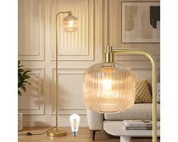 Rosnek Vintage Vloerlamp Amber Glas - Staande Bankierslamp - 170cm - Met Voetschakelaar - Inclusief Edison LED Lamp - Retro Design Goud