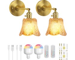 Rosnek Vintage Wandlampen 2 stuks incl. lampjes - Batterij OF Bedrading - met Afstandsbediening - Dimbare RGB LED Binnenverlichting voor Slaapkamer/Woonkamer