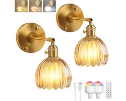 Rosnek Vintage Wandlampen Goud - Draadloos & Oplaadbaar - Dimbaar - Amber Glas Tulp Model - Met Afstandsbediening & RGB - Sfeerverlichting voor Slaapkamer (2 Stuks)