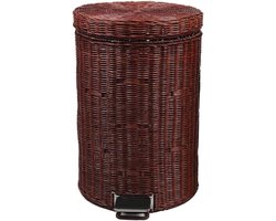 Rotan Afvalbak - Prullenbak met deksel - Afval scheiden - Handgemaakt met pedaal - 12 Liter - Bruin