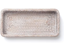 Rotan badkamerdienblad, rechthoekig rotan opbergbakje, badkamermandje, Geschikt voor organisatie en decoratie (26 x 12,5 x 4 cm, wit)