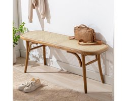 Rotan Bank Zitting - Houten Hal Bank - Schoen Wisselen - Stabiel Houten Frame - 115 cm Lengte - Geel