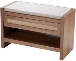 Rotan Bankje, 30.9”, Schoenenbankje met Opberglade en Linnen Zitkussen, Handgeweven Rotan, Boeren Boho Stijl