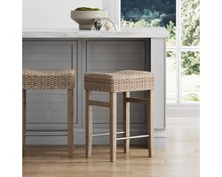 Rotan Barkruk - Kruk met zeegras zitting - Thuisbar inrichten - Zadelvormige zitting - 24 inch - Zeegras/Geborsteld Grijs