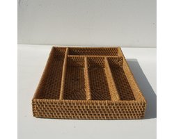 Rotan bestekhouder bruin – keukengerei -natuurlijk besteklade – 5 vakken - bestekcassette - lade organizer - bestek opbergen - 35 cm x 26 cm x 5 cm