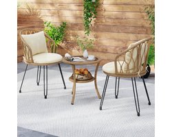 Rotan Bistroset 3-delig Balkonset met 2 Stoelen en Tafel met Glasplaat 2-Laags Weerbestendig Compact Tuinset Bruin – Modern Design – Urbanhome