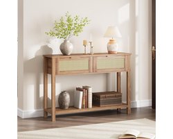 Rotan consoletafel, halmeubel, entreetafel met opberglegplank voor woonkamer, bohemian chic design, bruin