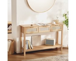 Rotan Consoletafel - Haltafel/Sidetable - 3 Lades - Schuifdeur van Rotan - Met Opbergruimte - Voor Woonkamer en Hal - Natuurlijk