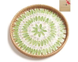 Rotan Dienblad - Rieten Mand - Tafel Decoratie - Parelmoer Inleg - 30.5cm Rond - Emerald Groen