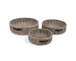 Rotan Dienblad Rond - Ø60xH16 cm - Leder handvat - Rieten dienblad - Grey