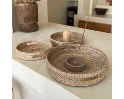 Rotan dienblad rond whitewash set van 3