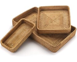 Rotan dienblad set - rechthoekige rieten lade - natuurlijke geweven serveermanden - tafelblad keuken organiseren - decoratief - set van 3
