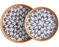 Rotan Dienbladen - Serveerschalen Set - Ontbijt op bed - Handgeweven rotan - Set van 2 - Blauw en grijs