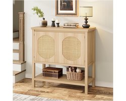 Rotan dressoir - Houten keuken- en wijnkast - Deuren van PVC-rotan - Open plank - Boho-dressoir - Houtkleur