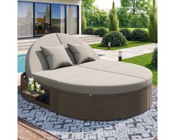 Rotan dubbele ligstoel, ligbed voor buiten, tuinstoel met zijplank, dubbele ligstoel 2-persoons klaptafel, tuin relax ligstoel, individueel verstelbare hoek buitenbank