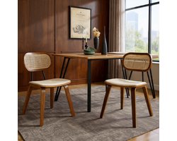 Rotan Eetkamerstoelen, set van 2, keukenstoelen met houten poten, rotan stoel, zitting van Kunstempteer, gestoffeerde stoel voor eetkamer, beige-Casa Serena