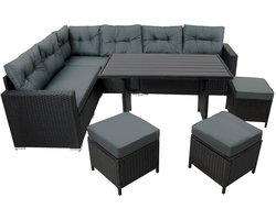Rotan hoek loungeset zwart - L-vormige tuinbank krukken polywood eettafel