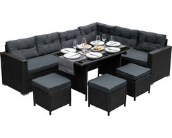 Rotan Hoekset Loungeset Dining Tuintafel - 9 Personen - Regenhoes + Uitneembare Kussens - Zwart