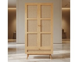Rotan Kledingkast 2-Deurs met Kledingstang en Opbergvak – Natuurlijke Houten Look – Moderne Garderobekast met Onderste Opbergkist – 90x45x183 cm – Slaapkamer & Woonkamer Kast Naturel Mobili Bella