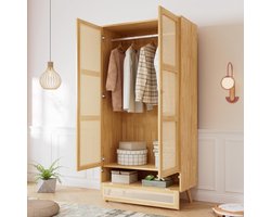 Rotan Kledingkast met Roede en Klep | 2-Deurs Garderobekast 90x45x183 cm | Natuurlijke Rotan Look – Spaanplaat + PE Rotan | Voor Slaapkamer & Woonkamer
